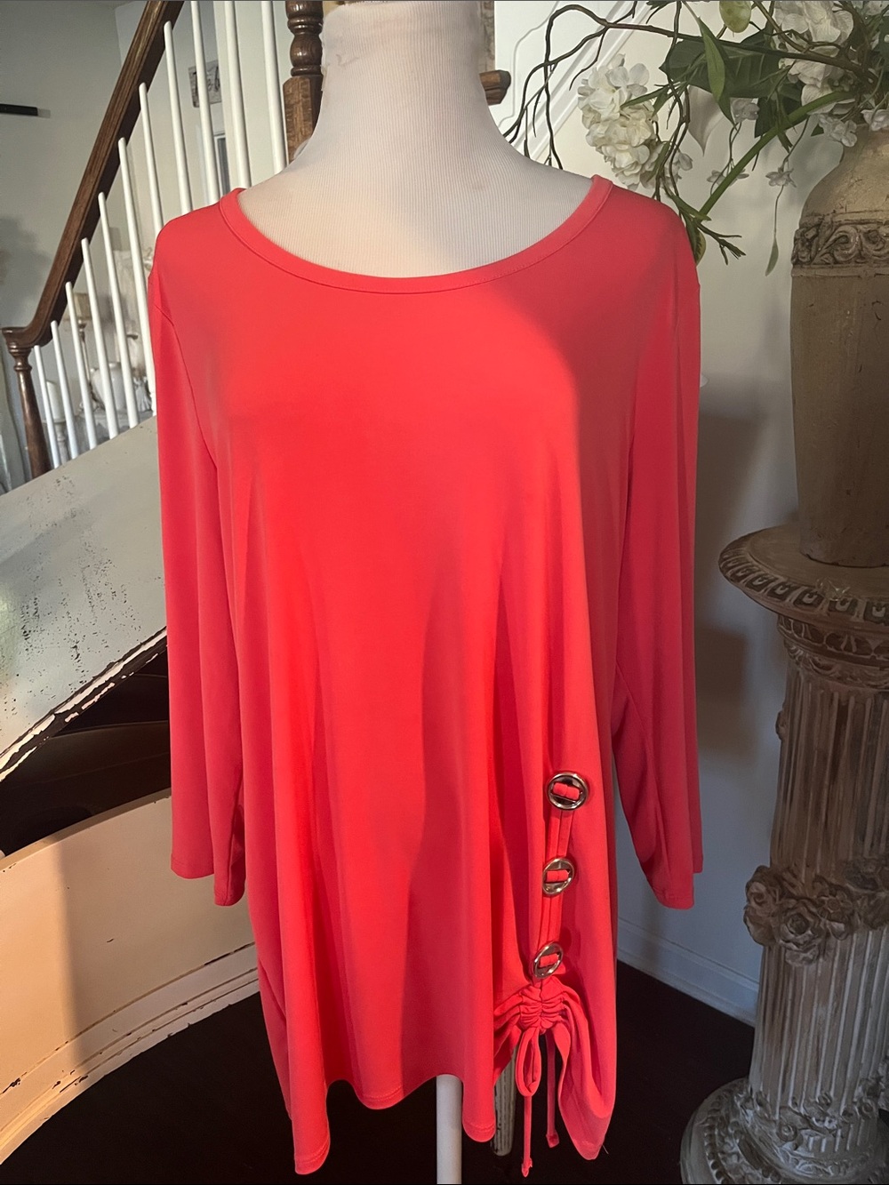 JM Collection Coral Scoop Neck Tunic with Grommet Drawstring